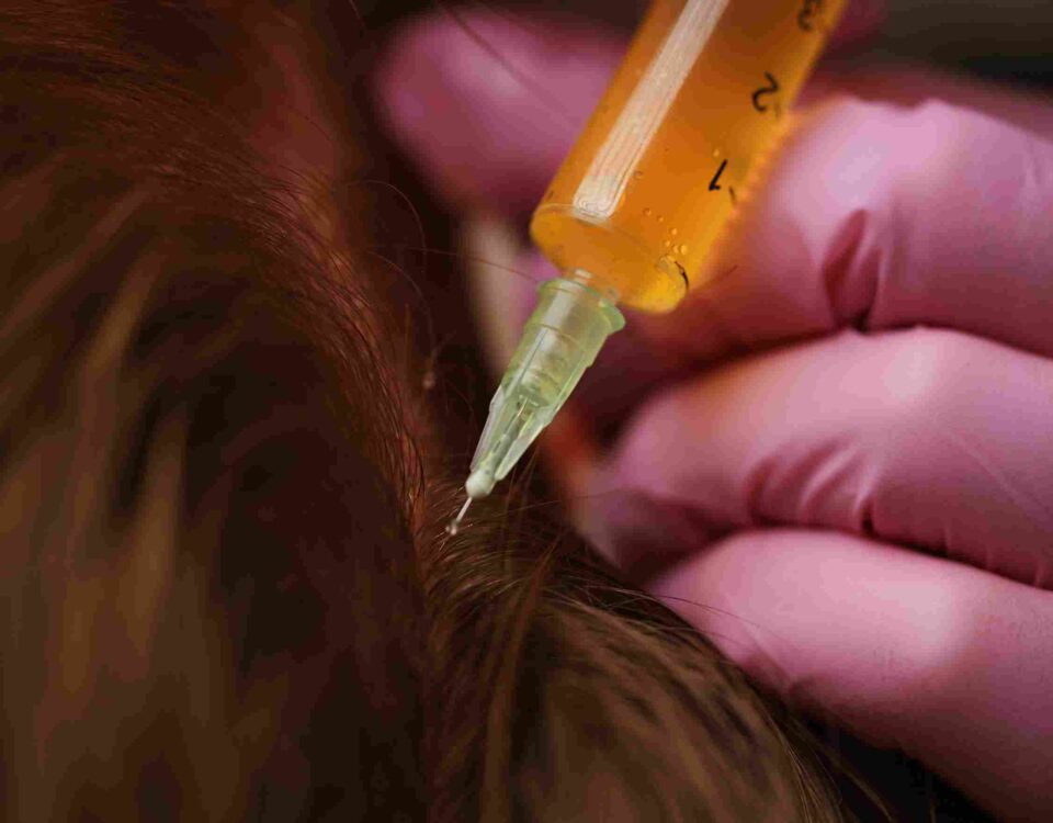 Client consulting with a provider about scalp health and neuromodulators at Pōk Aesthetic Bar in Coral Gables.