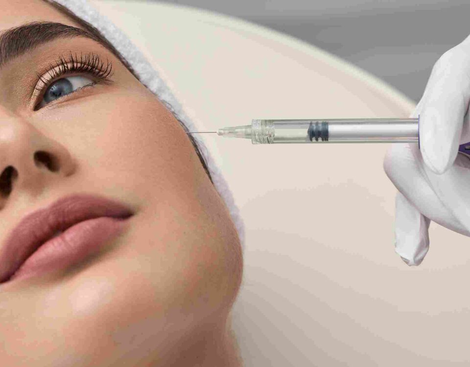 Client consulting with a provider about facial anatomy and dynamic line treatment at Pōk Aesthetic Bar in Coral Gables.